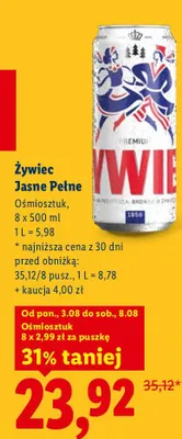 Piwo Żywiec Jasne Pełne 8-pak promocja w Lidl