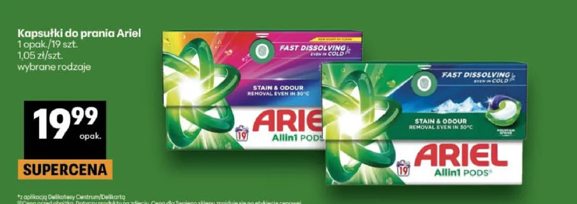 Kapsułki do prania Ariel Allin1 Pods Mountain Spring promocja w Delikatesy Centrum