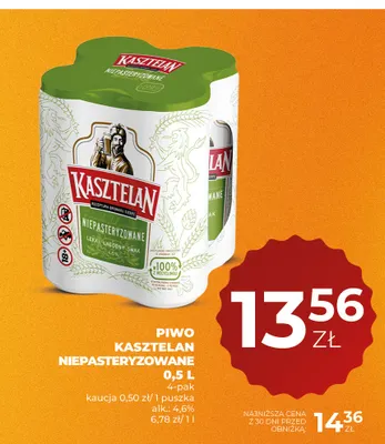 Piwo Kasztelan Niepasteryzowane 4-pak 0,5 l promocja w Duży Ben