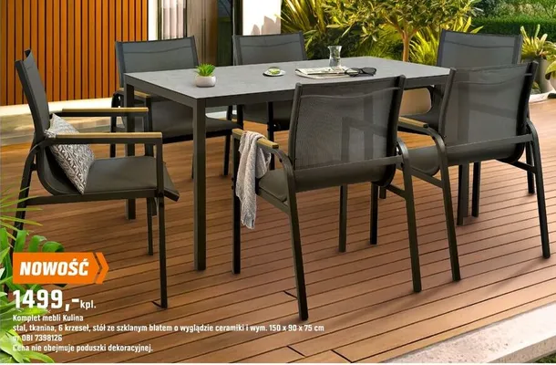 Komplet mebli Kulma stal, tkanina, 6 krzeseł, stół ze szklanym blatem w wyglądzie ceramiki i wym. 150 x 90 x 75 cm promocja w OBI