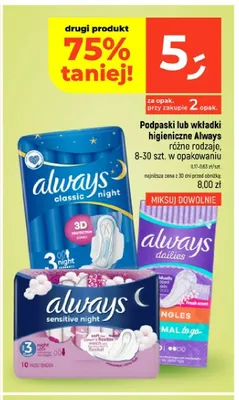 Podpaski higieniczne Always Sensitive Night promocja w Dealz