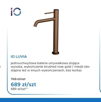 Bateria umywalkowa stojąca wysoka iO Luvia brushed rose gold / miedź promocja w Blu Salony Łazienek