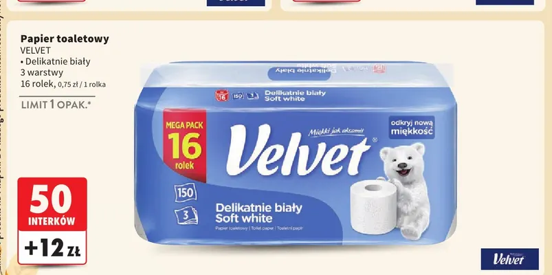 Papier toaletowy Delikatnie biały 3 warstwy Velvet promocja w Intermarche