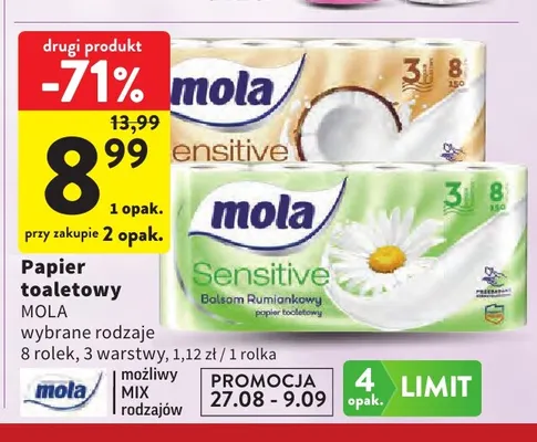 Papier toaletowy 3-warstwowy Mola Sensitive Balsam Rumiankowy 8-pak promocja w Intermarche