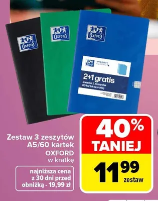 Zestaw 3 zeszytów A5 Oxford w kratkę promocja w Carrefour Market