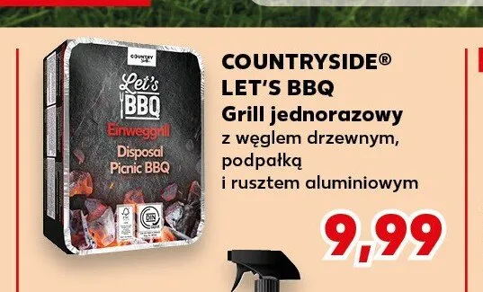 Grill jednorazowy z węglem drzewnym, podpałką i rusztem aluminiowym COUNTRYSIDE LET'S BBQ promocja w Kaufland