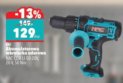 Akumulatorowa wiertarka udarowa NAC CDB-LI-50-20V, 20V, 50Nm promocja w Biedronka Home
