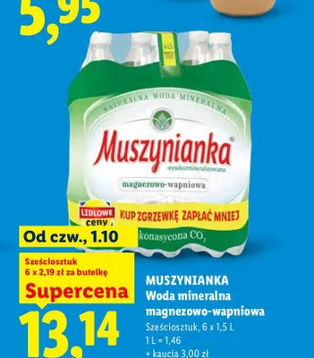 Woda mineralna gazowana magnezowo-wapniowa 6-pak Muszynianka promocja w Lidl