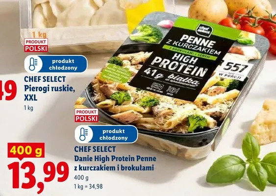 Danie High Protein Penne z kurczakiem i brokułami Chef Select promocja w Lidl