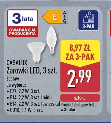 Żarówki LED 3-pak E14 2,2W świeczka Casalux promocja w Aldi