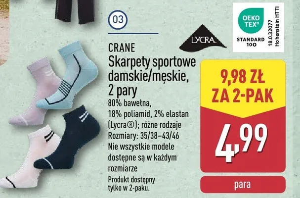 Skarpety sportowe damskie / męskie, 2 pary promocja w Aldi