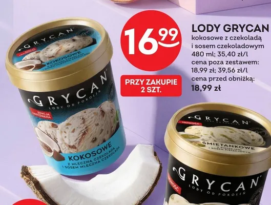 Lody Grycan kokosowe z czekoladą i sosem czekoladowym promocja w Żabka