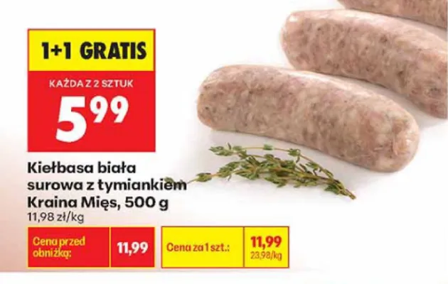 Kiełbasa biała surowa z tymiankiem Kraina Mięs promocja w Biedronka