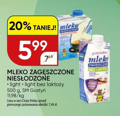 Mleko zagęszczone niesłodzone light + light bez laktozy promocja w Chata Polska