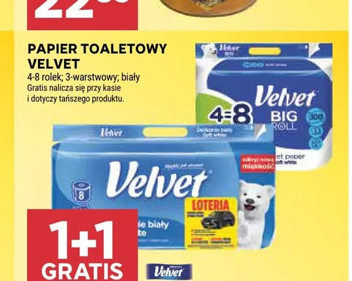 Papier toaletowy Big Roll 3-warstwowy biały 4-pak Velvet promocja w Stokrotka