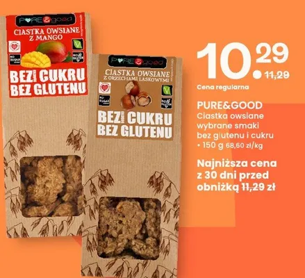 Ciastka owsiane wybrane smaki bez glutenu i cukru Pure&Good promocja w Frisco