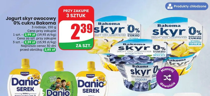 Jogurt skyr owocowy cukru Bakoma brzoskwiniowy 0% promocja w Dino