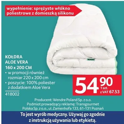 Kołdra Aloe Vera 160 x 200 cm promocja w Selgros