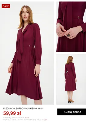 Elegancka bordowa sukienka midi Greenpoint promocja w Greenpoint