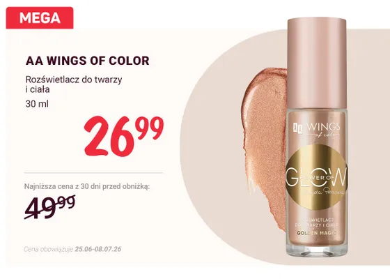 Rozświetlacz do twarzy i ciała AA Wings of Color Glow Power Of promocja w Rossmann