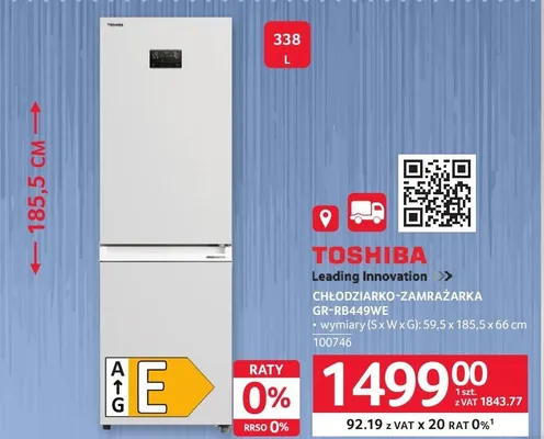 Chłodziarko-zamrażarka Toshiba GR-RB449WE 59,5x185,5x66cm promocja w Selgros