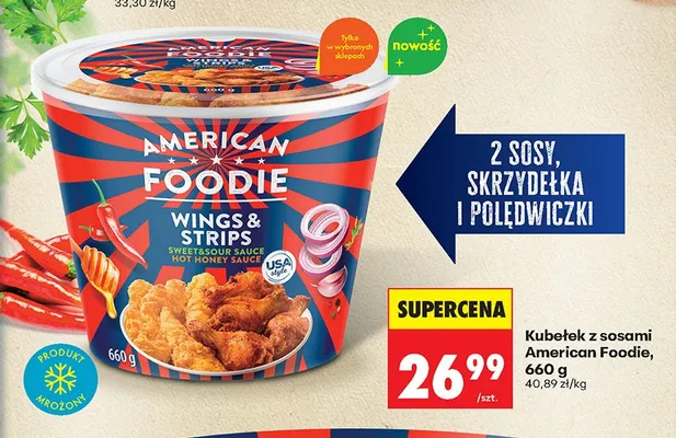 Kubełek z sosami Wings & Strips sweet&sour sauce, hot honey sauce promocja w Biedronka