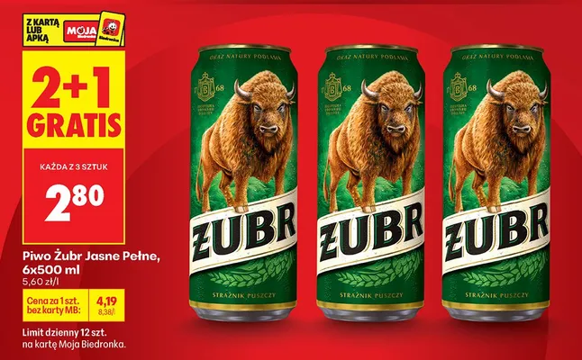 Piwo Żubr Jasne Pełne 2+1 GRATIS promocja w Biedronka