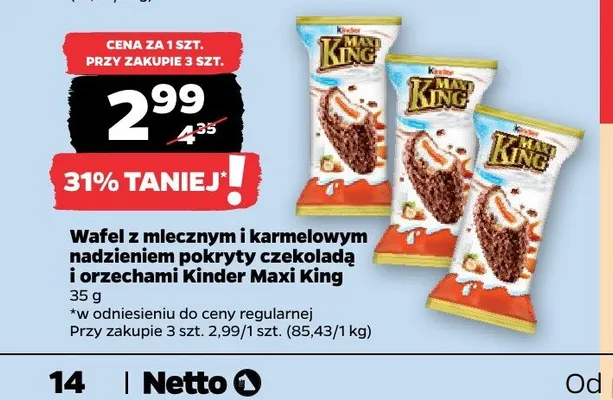 Wafel z mlecznym i karmelowym nadzieniem pokryty czekoladą i orzechami Kinder Maxi King promocja w Netto