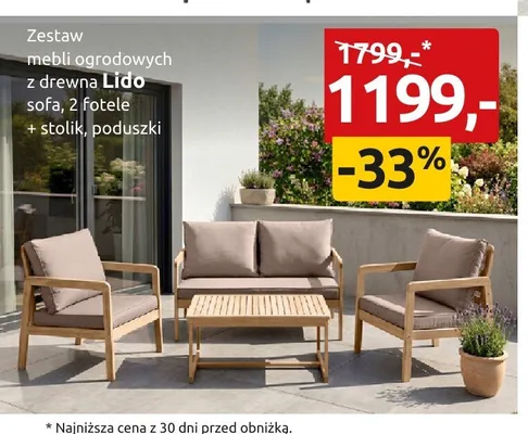 Zestaw mebli ogrodowych z drewna Lido sofa, 2 fotele + stolik, poduszki promocja w Black Red White