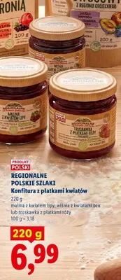Konfitura z płatkami kwiatów truskawka z płatkami róży Regionalne Polskie Szlaki promocja w Lidl