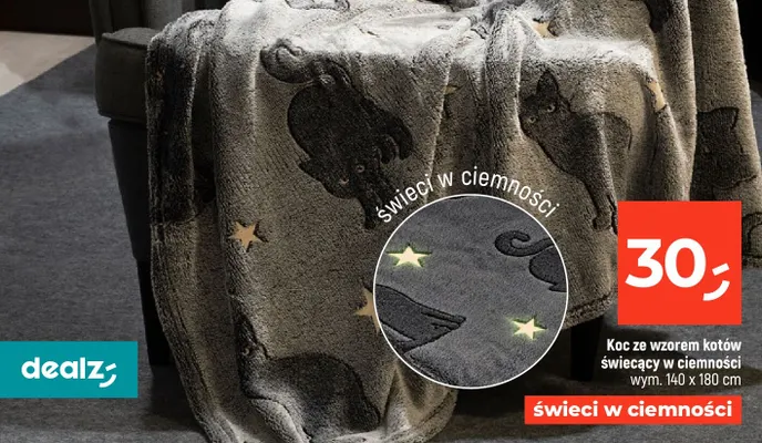 Koc ze wzorem kotów świecący w ciemności 140x180 cm promocja w Dealz