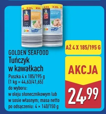 Tuńczyk w kawałkach puszka 4x185/195g do wyboru: w oleju słonecznikowym lub w sosie pomidorowym po odsączeniu: 4x140/150g promocja w Aldi