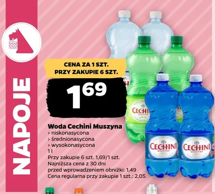 Woda mineralna gazowana Cechini Muszyna średnionasycona promocja w Netto