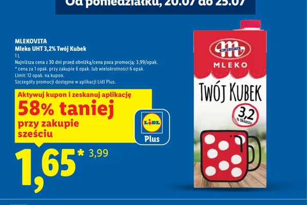 Mleko UHT 3,2% Twój Kubek Mlekovita promocja w Lidl
