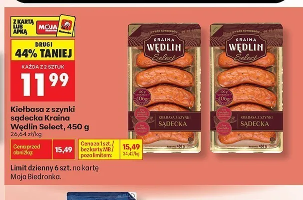 Kiełbasa z szynki sądecka Kraina Wędlin Select promocja w Biedronka