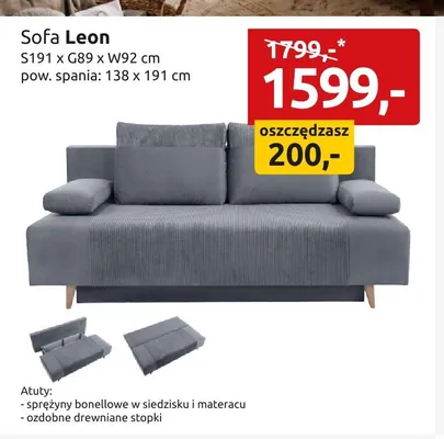 Sofa Leon S191xG89xW92cm pow. spania: 138x191cm promocja w Black Red White
