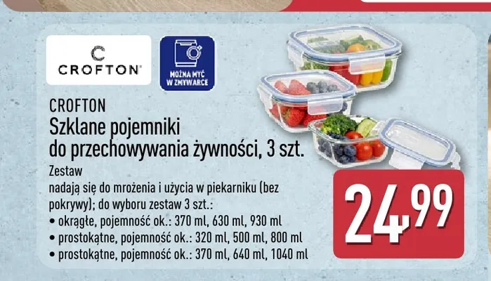 Szklane pojemniki do przechowywania żywności okrągłe Crofton 3-pak promocja w Aldi