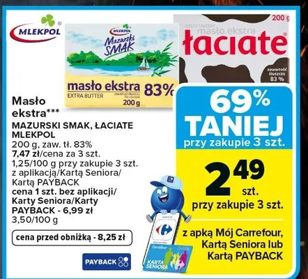 Masło ekstra Mazurski Smak Mlekpol 83% promocja w Carrefour