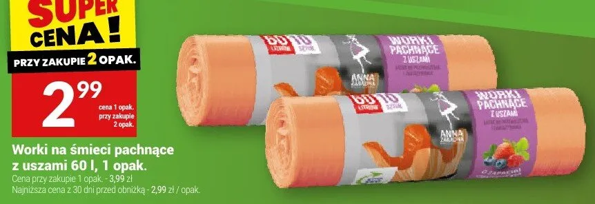 Worki na śmieci pachnące z uszami 60l promocja w Twój Market