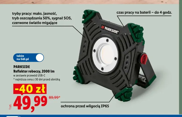 Reflektor roboczy Parkside 2000lm promocja w Lidl