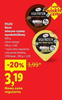 Deser mleczno-ryżowy wysokobiałkowy Pilos promocja w Lidl