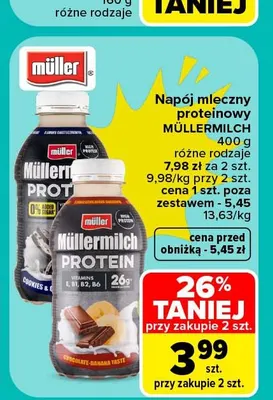 Napój mleczny proteinowy Müller Müllermilch Protein o smaku czekoladowo-bananowym promocja w Carrefour Market