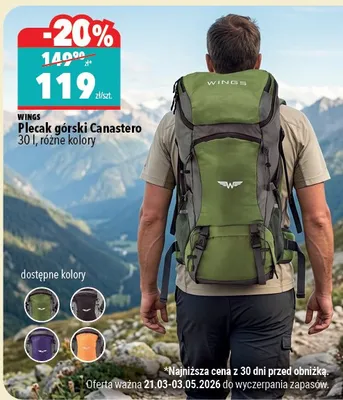 Plecak górski Canastero 30l, różne kolory Wings promocja w Biedronka Home