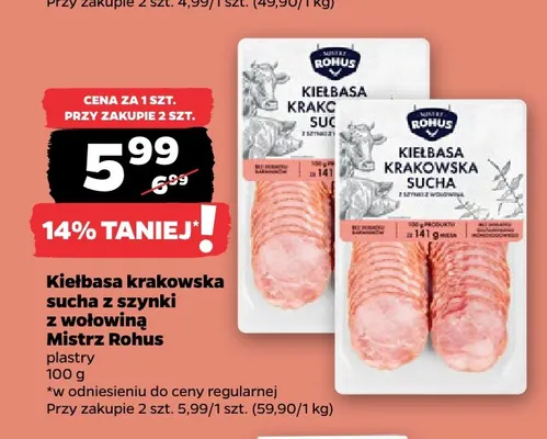 Kiełbasa krakowska sucha z szynki plastry Mistrz Rohus promocja w Netto