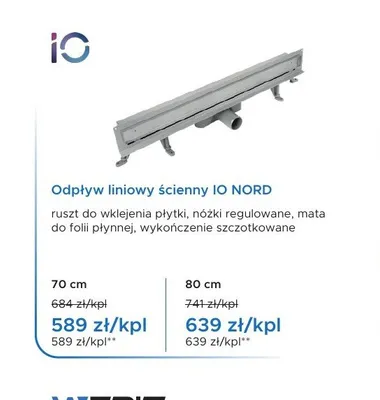 Odpływ liniowy ścienny IO NORD 80 cm promocja w Blu Salony Łazienek