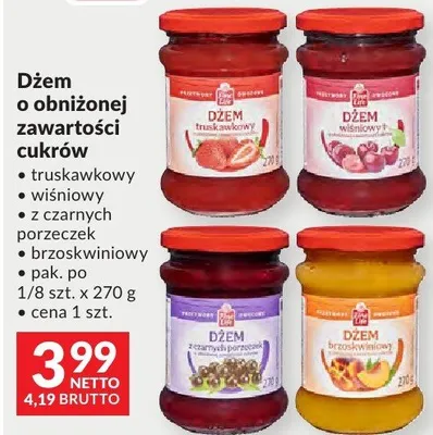 Dżem o obniżonej zawartości cukrów truskawkowy wiśniowy z czarnych porzeczek brzoskwiniowy promocja w Makro