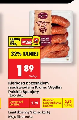 Kiełbasa z czosnkiem niedźwiedzim Kraina Wędlin Polskie Specjały promocja w Biedronka