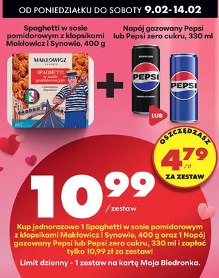 Zestaw: danie spaghetti w sosie pomidorowym z klopsikamii + napój gazowany Pepsi 330 ml promocja w Biedronka