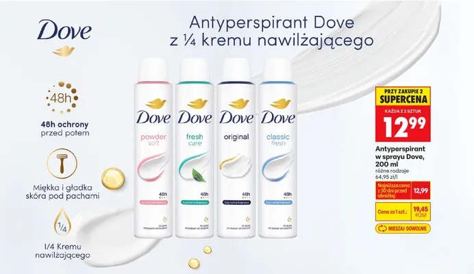 Antyperspirant w sprayu z 1/4 kremu nawilżającego, różne rodzaje promocja w Biedronka
