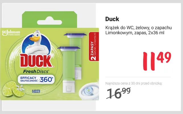 Krążek do WC żelowy Duck Fresh Discs o zapachu limonkowym zapas 2-pak promocja w Rossmann